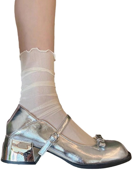 Pantofi dama, Mary Jane, toc masiv, argintii, de primavara-toamna