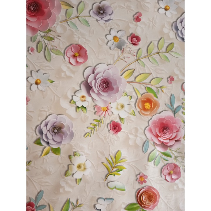 Fata de masa impermeabila 100×140 cm PVC Premium, model floral decorativ 3D, anti pete, usor de curatat, pentru bucatarie si dining