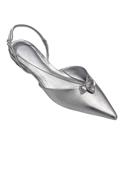 Pantofi dama, stil francez, toc plat, varf ascutit, argintiu, elegant