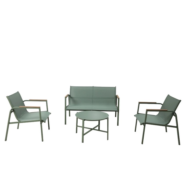 Set terasa / mobilier gradina, canapea 2 locuri, 2 fotolii, pentru exterior, masa rotunda, Grandio Mob Olive 211M, metal, verde