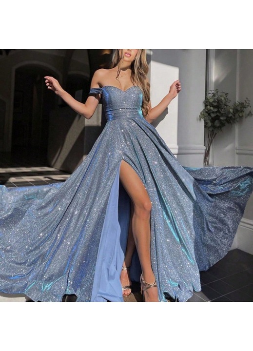 Rochie de petrecere, fusta ampla, top tip bandeau, albastru, paiete