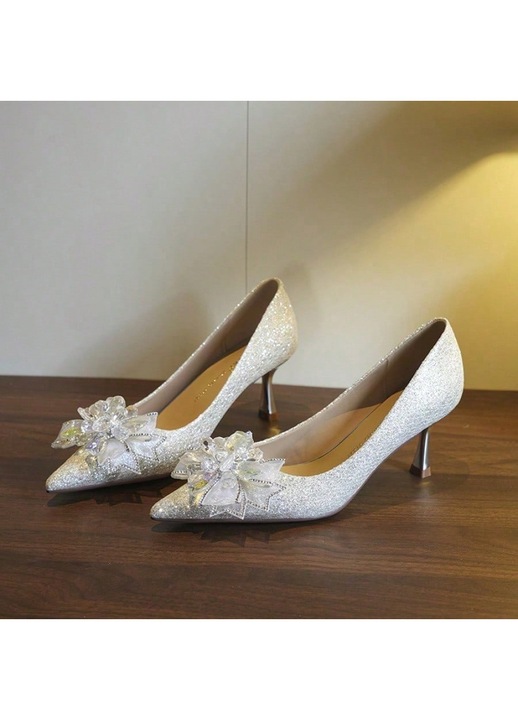 Pantofi dama, Pantofi cu toc inalt Crystal Ribbon, argintiu, pentru mireasa si domnisoare de onoare