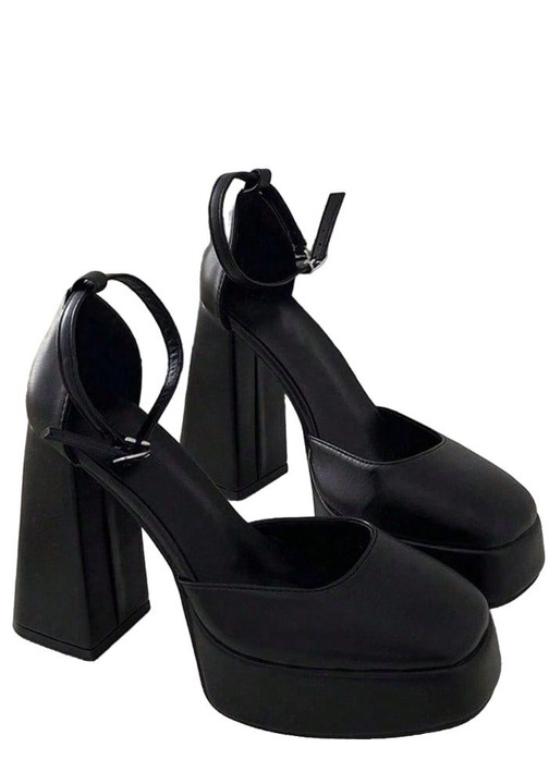 Pantofi dama, Mary Jane, toc gros de 12cm, negru, varf patrat