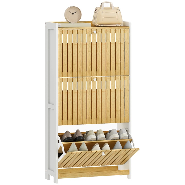 Cipősszekrény 3 fiókos, természetes fehér bambusz 60x24x118cm