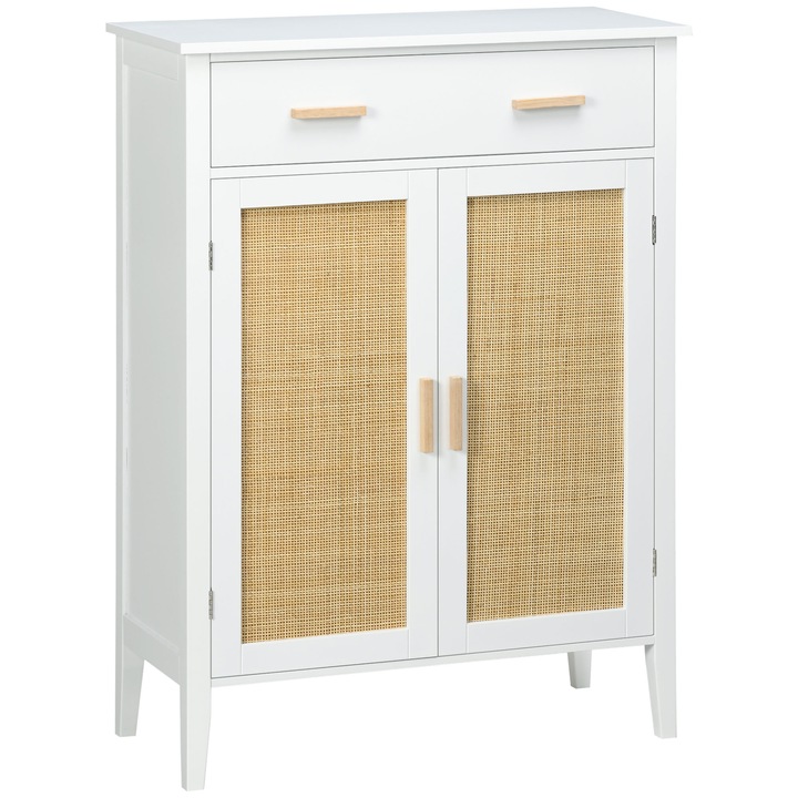 Cipősszekrény, 2 ajtós, fiók rattan hatással, fehér, 80x35x110cm