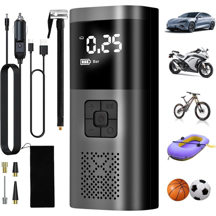 Pompa de aer portabila, compresor auto 6000mAh, 150 PSI, pompa dual turbo pentru umflare rapida in 20 s, ecran LCD digital, port USB-C, functie power bank, tub din nylon impletit, accesorii multiple incluse, negru, 1 buc