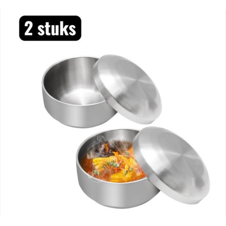 2 db tál fedővel, dupla szigetelésű, 304-es rozsdamentes acél, ezüst, 11.5cm