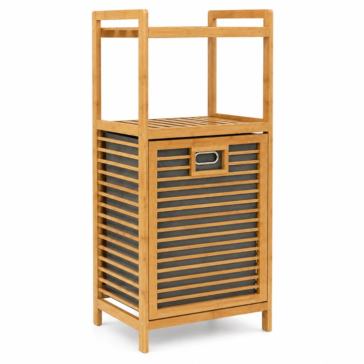 Cos de rufe din bambus, cu sac textil detasabil, gri, capac inclus, 39.5 x 30 x 95 cm