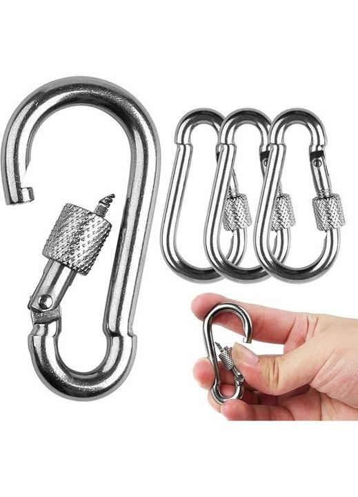 4 db mini karabiner készlet, rozsdamentes acél, 6x2.9cm, teherbírás 135kg, ezüst