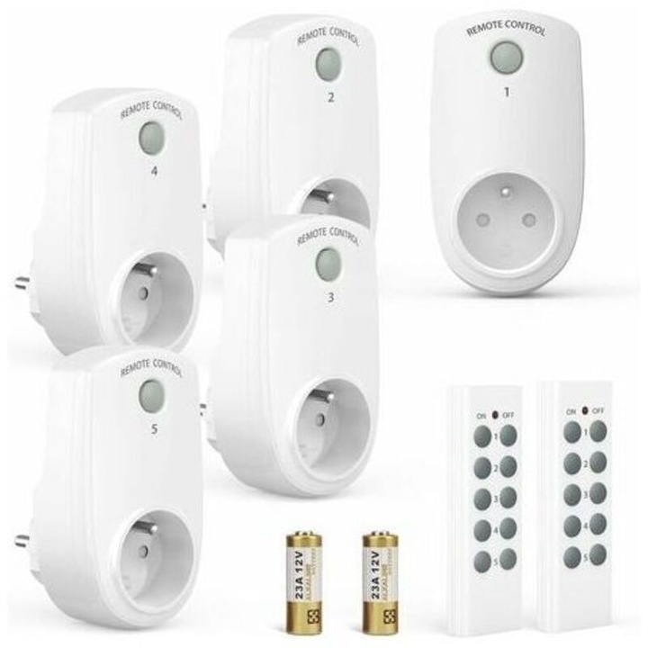 Priza telecomandata 260815BM2191, set 5 prize + 2 telecomenzi, 2300 W (10 A) 230 V AC, RF 30 m, compatibil E/F (2P+T), carcasa ABS ignifuga, alb