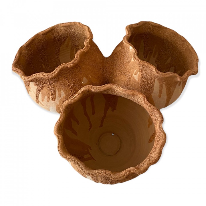 Set 3 ghivece din ceramica, lipite, de gradina, ceramica naturala, pentru terasa si exterior