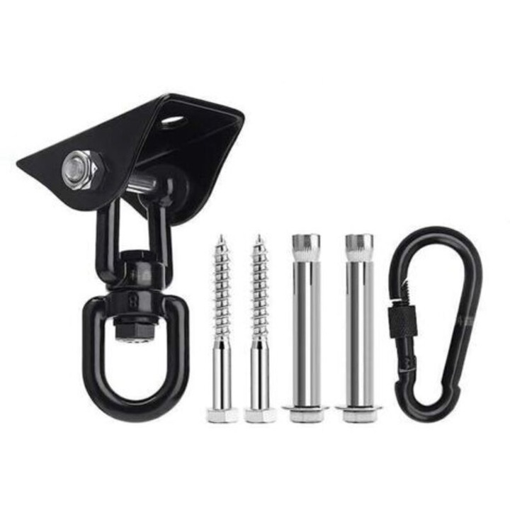 Suport de tavan pentru hamac, kit de suspensie rotativ 360° din otel inoxidabil, capacitate 450 kg, rezistent la coroziune, pentru beton/lemn, negru/argintiu, 1 set