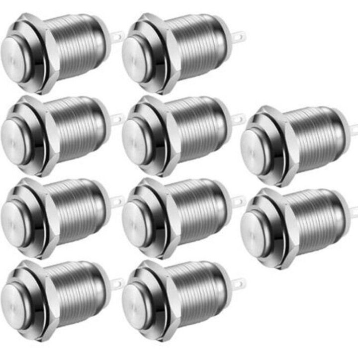 10 darab pillanatnyi fém nyomógomb készlet, IP65, 12mm, ezüst