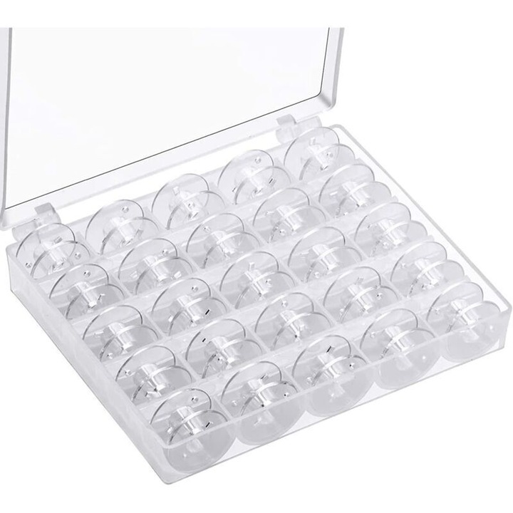 25 db univerzális átlátszó műanyag varrógép orsó készlet tárolódobozzal 11.3x20mm
