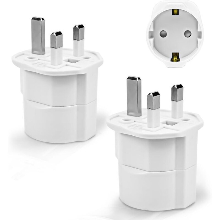 Adaptor de priza tip G 260815BM3582, 16 A/250 V, max. 2 500 W, corp ABS ignifug cu contacte din cupru, alb, set 2 buc, 4,5 x 5 x 7 cm