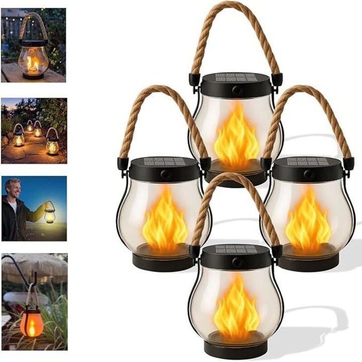 Set 4 lampi solare exterior impermeabile flacara tremuratoare, funie canepa, multicolor