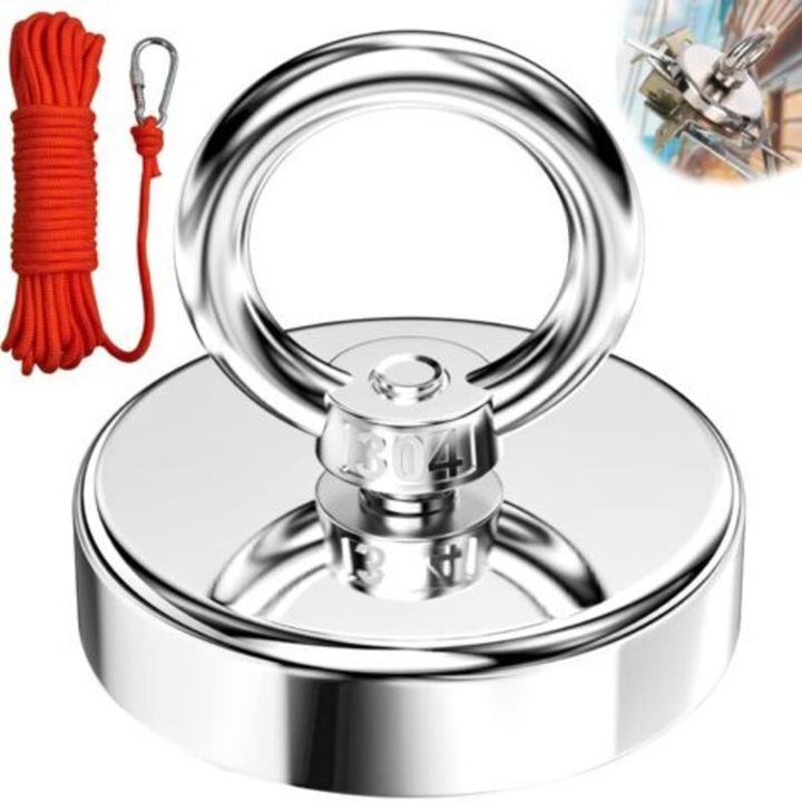 Magnet pescuit 60mm 140kg cu sfoara 6mmx10m inox