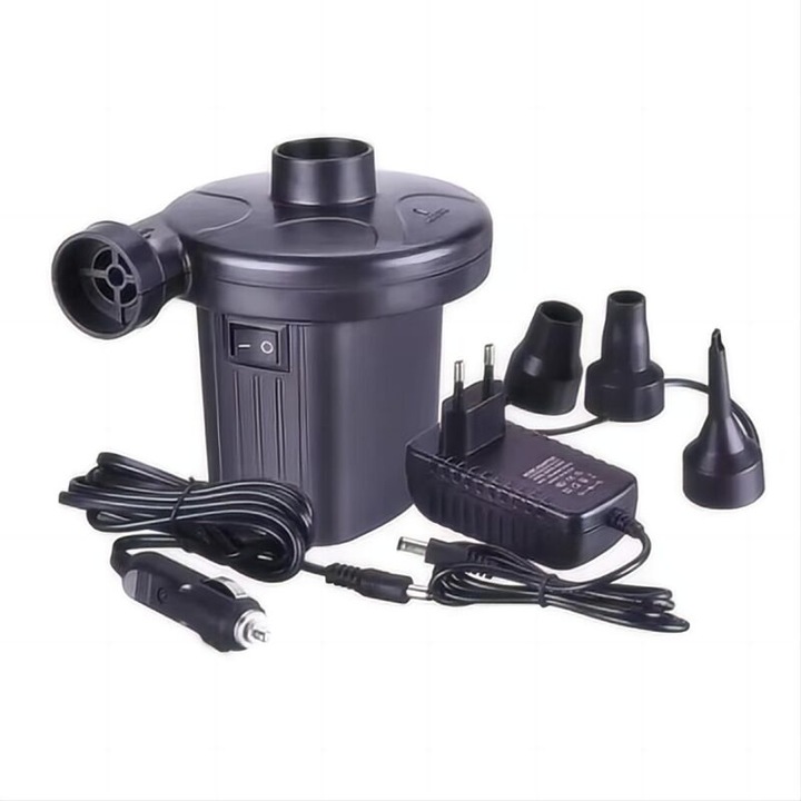 Hordozható 12V-os elektromos légpumpa, többfunkciós, 3 tartozék, kompakt, könnyű