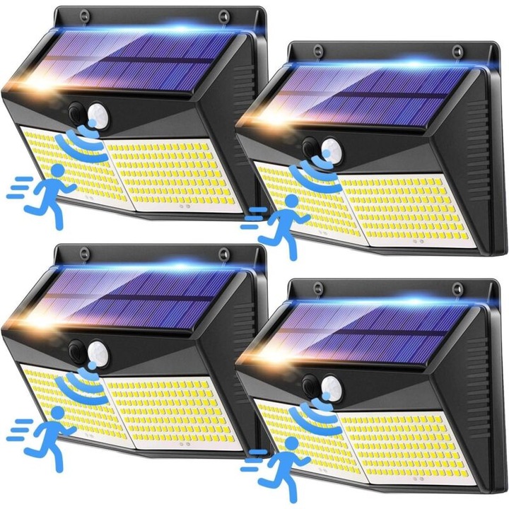 Комплект от 4 соларни LED лампи за външно осветление, 248 LED, 1500 лумена, бяла светлина, 3 режима, 2200mAh, IP65, 27x12см