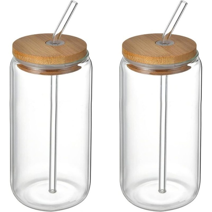 Set 2 pahare sticla cu capac si pai bambus, transparent, 500ml