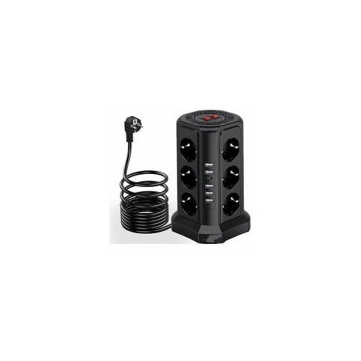 Prelungitor cu 12 prize si 5 porturi USB, 3 intrerupatoare, negru, 2m