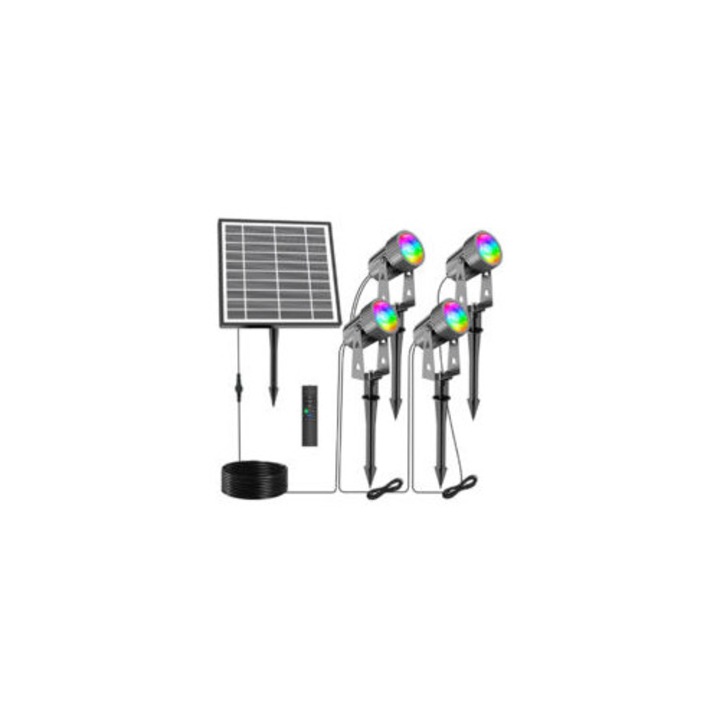 Set 4 spoturi LED solare gradina RGB 3W 360lm IP65 cu telecomanda