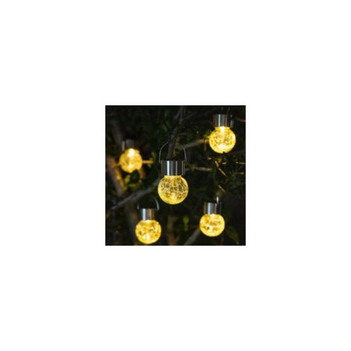 Set 8 lustre solare LED, bile sticla crapata, lumina calda, inox, 6-8h incarcare, 8-10h iluminare
