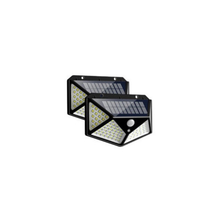 Lampa solara 100 LED, set 2 bucati, IP65, detectoare miscare, 13.5x9.7x5 cm