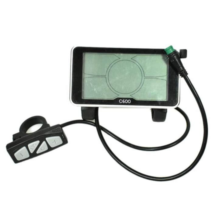 Kijelző/LCD elektromos kerékpárhoz C600, 5S protokoll, 24V/36V/48V kompatibilis, 4 hüvelykes képernyő, vízálló csatlakozó, fekete, 1 db