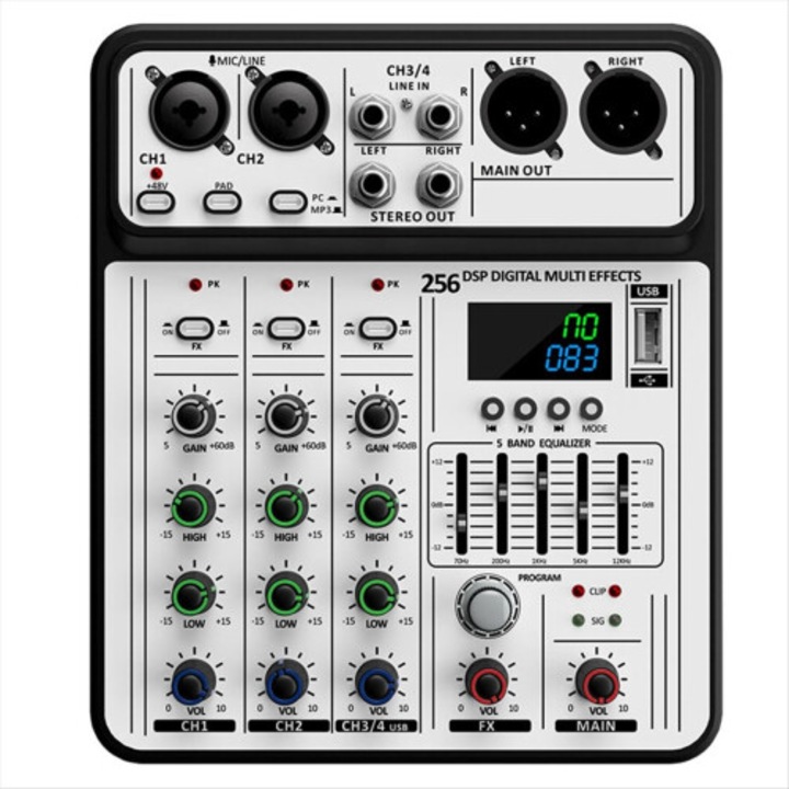 4 csatornás audio keverő, Bluetooth, USB, fekete-fehér, ABS