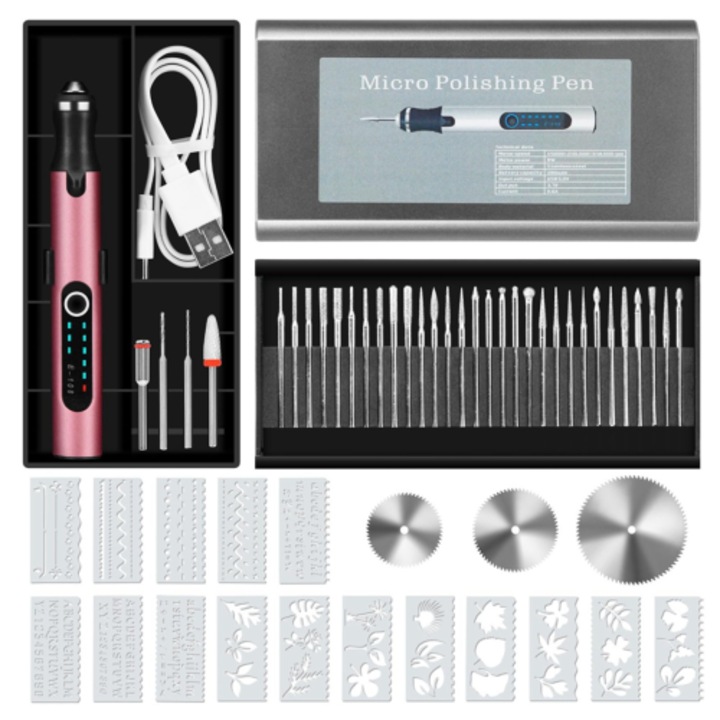 Set pen electric gravare, 37 piese, roz auriu, USB, 15x2cm