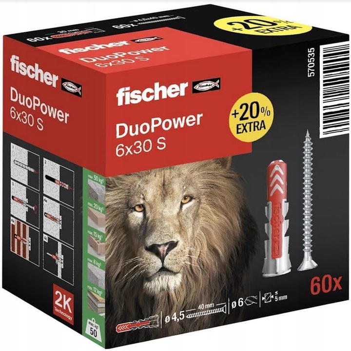 Dibluri Fischer DuoPower 6X30 S 60 buc diblu + surub, pentru perete solid, caramida perforata, gips-carton Dibluri si suruburi Fischer originale