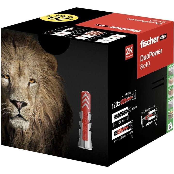 Dibluri Fischer DuoPower 8X40 S 60 buc diblu + surub, pentru perete solid, caramida perforata, gips-carton Dibluri si suruburi Fischer originale
