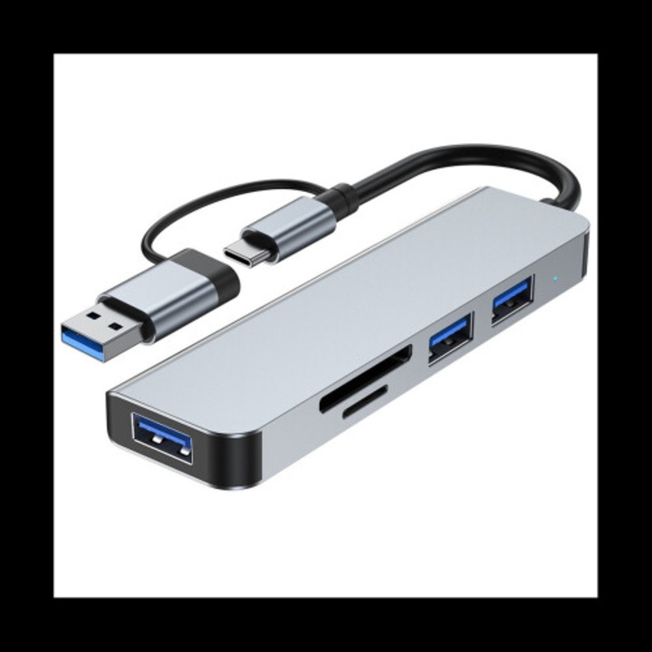 USB хъб 5 порта алуминий, USB 3.0+USB 2.0+SD+TF, черен, мини преносим