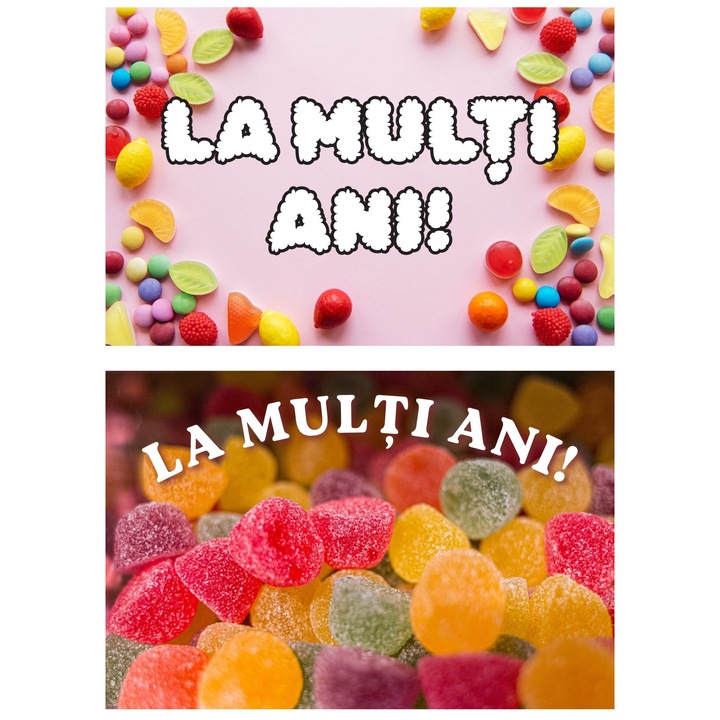 Set 2 Felicitari La Multi Ani, Design Bomboane Colorate, Carton Premium 250g, 20x14 cm
