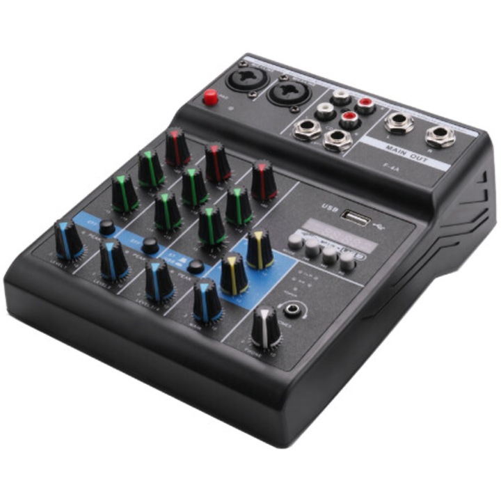 Hordozható 4 csatornás audio keverő, Bluetooth, fekete, 15x18x5.5cm