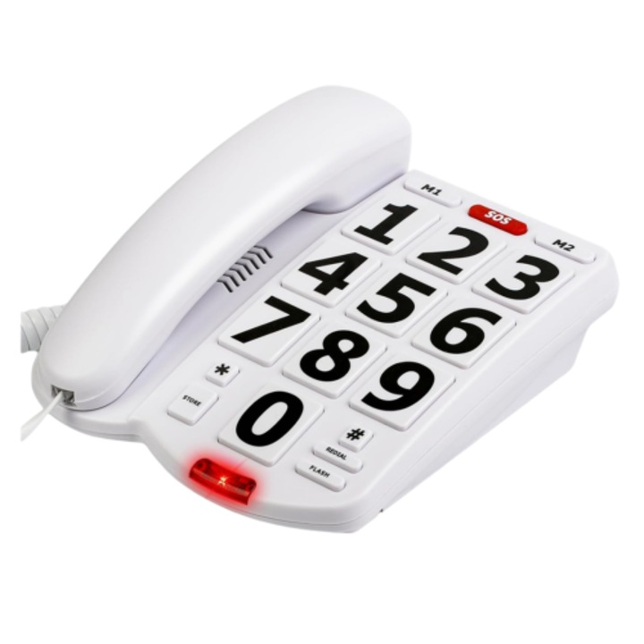 Telefon fix cu butoane mari pentru seniori, alb, 9ft cablu