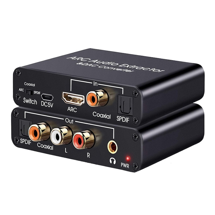 Digitális-analóg audio konverter, Duueyct, HDMI ARC audio extraktor adapter, 192KHz, 5.1 hangkimenet, DMI ARC, optikai/SPDIF koaxiális, Jack sztereó L/R 3.5mm TV-hez, fekete