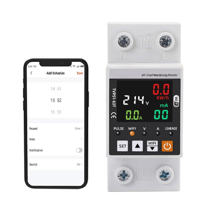 Wi-Fi okos energiamérő, Rqiurpn, 63A, AC 80-400V, LCD kijelző, Szivárgás, Túlfeszültség, Túláram, Hőmérséklet védelem és időzítő funkció, AC energiamérő APP távirányítóval, Smart Life/Tuya kompatibilis, Fehér