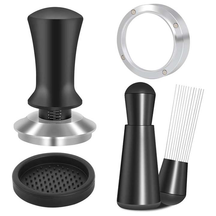 4 részes eszpresszó kiegészítő szett, Rqiurpn, 51 mm, Kalibrált rugós WDT eszközzel, Mágneses adagoló tölcsérrel, Szilikon/rozsdamentes acél, Fekete/ezüst