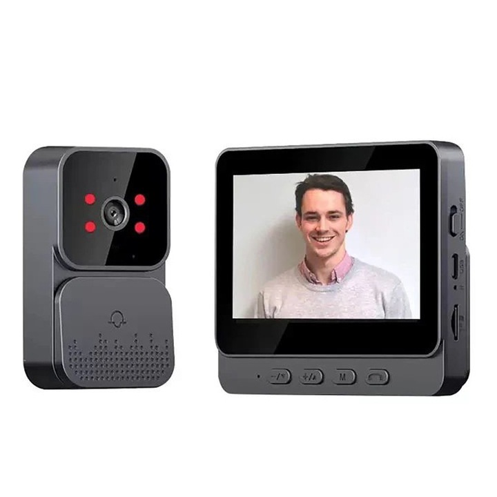 Vezetéknélküli videó csengő monitorral, Duueyct, Vezetéknélküli csengő, WIFI, 4.3 hüvelykes képernyő. Kétirányú kaputelefon, Képfelvétel, HD kép, Éjszakai látás, Egyszerű telepítés, Fekete