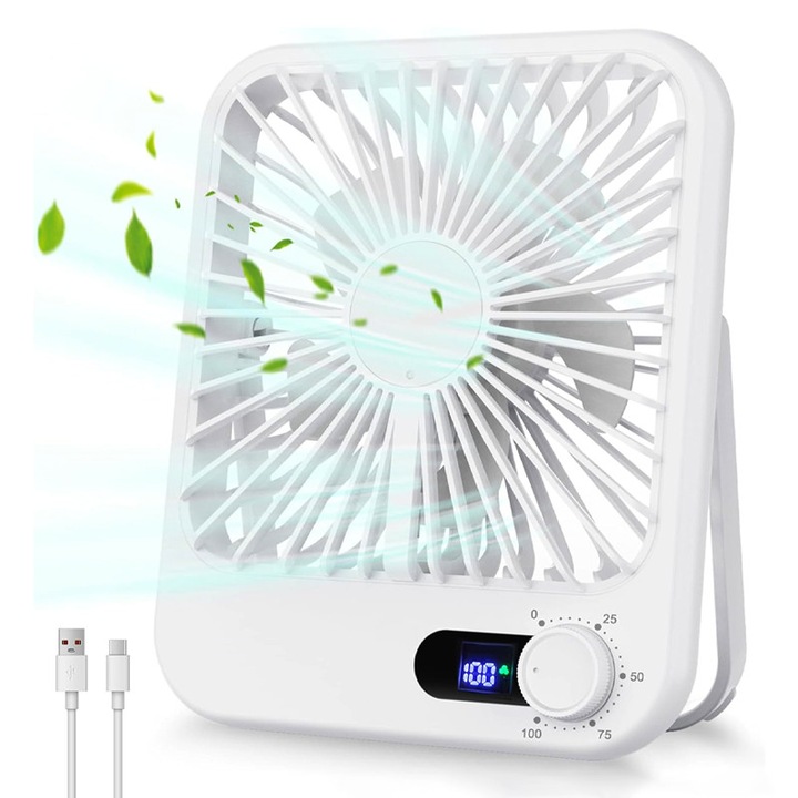 Hordozható ventilátor, Duueyct, 100 sebességes beállítás, 180°-ban állítható, Csendes, Falra szerelhető, Sebesség kijelző, USB, Irodába, Hálószobába, Kempingezéshez, Utazáshoz, Fehér