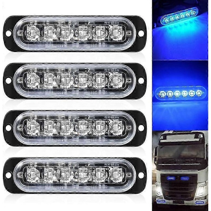Set 4 lumini stroboscopice LED albastre 6 LED 18 moduri 12x24V ultra-subtiri