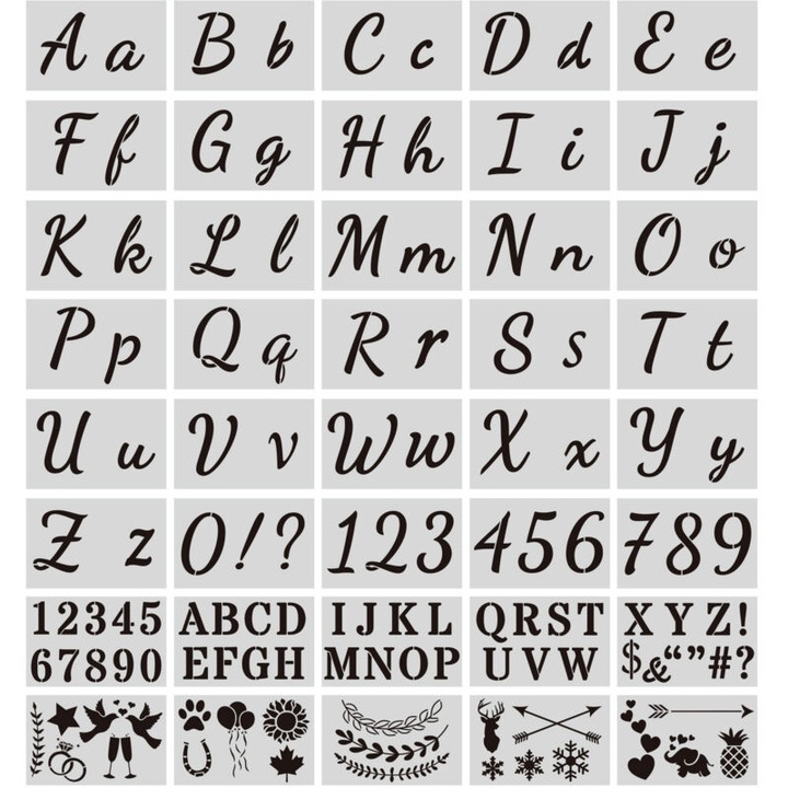 Sabloane reutilizabile plastic alfabet cifre simboluri set 40 piese 17,8x11,4cm