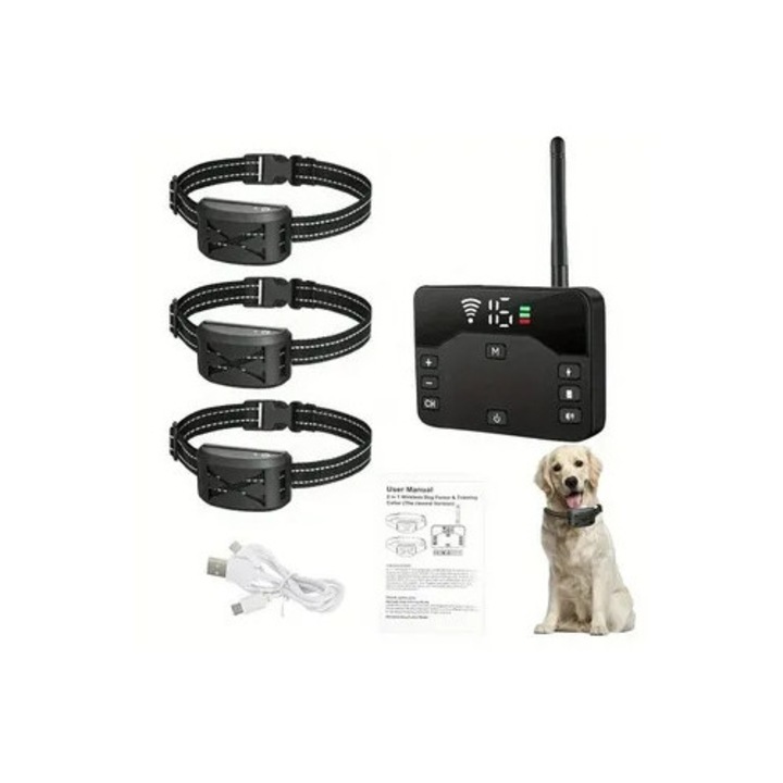 Sistem gard electric caini 2 in 1, rezistent la apa, telecomanda 120m, reglabil 16 niveluri, negru