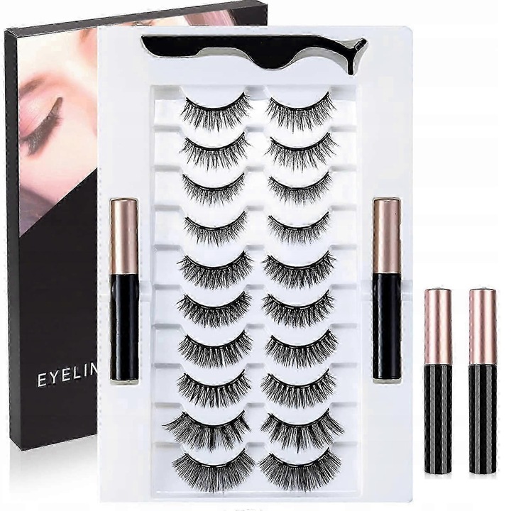 Set 10 perechi gene false magnetice, extensii gene cu 2 eyelinere magnetice si penseta, reutilizabile, cu efect 3D, fara adeziv, negru