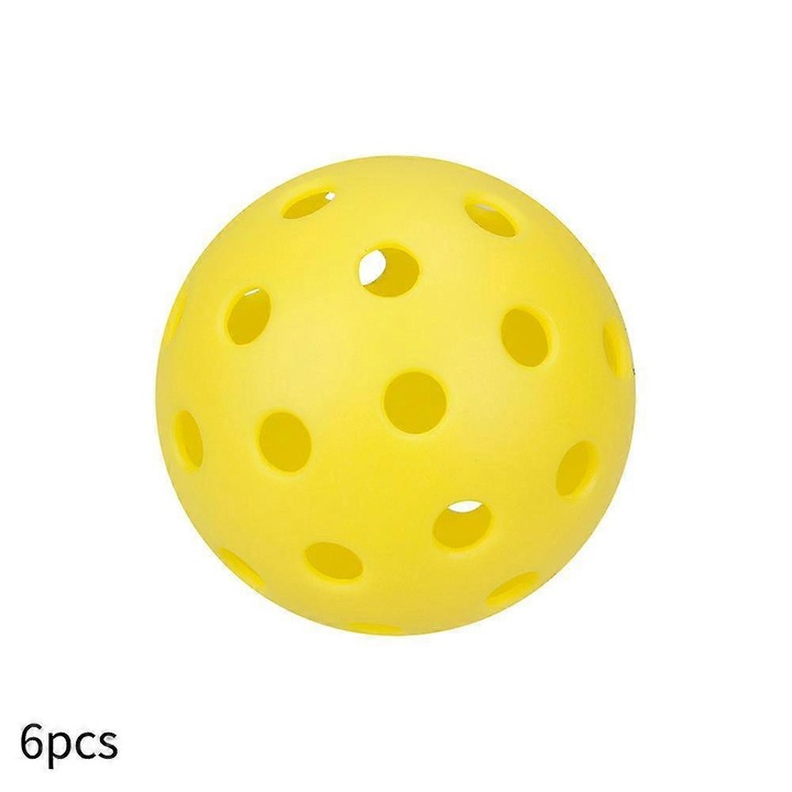 Minge pickleball din polietilena, set 6 bucati, 40 gauri, rotomoldata, durabila, oficiala 74 mm, galben
