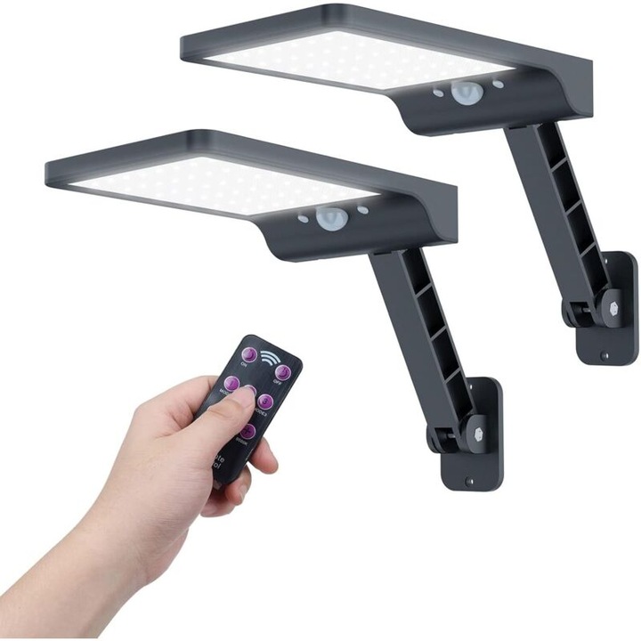 Lampa solara exterior, 48 LED aurii, senzor miscare, IP65, 2200mAh, telecomanda, set 2 bucati