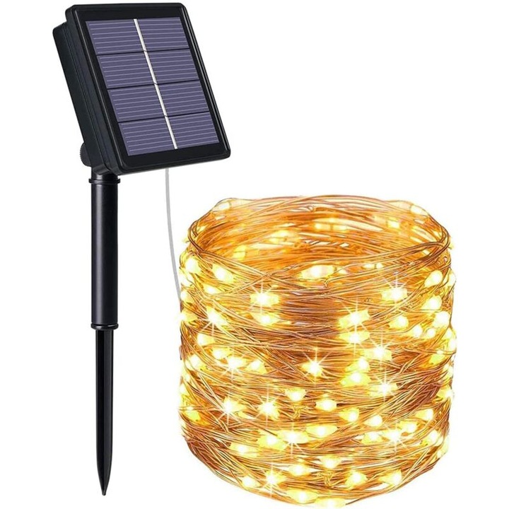 Lampi solare cu fir, 200 LED, lumina calda, 22m, IP44, 8 moduri de iluminare
