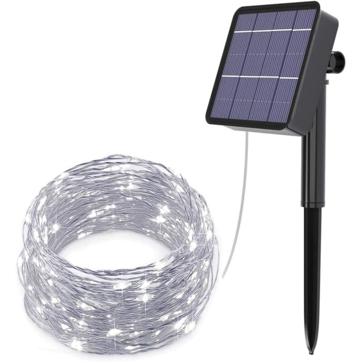 Instalatie luminoasa solara 12m 120 LED alb cupru impermeabila 8 moduri